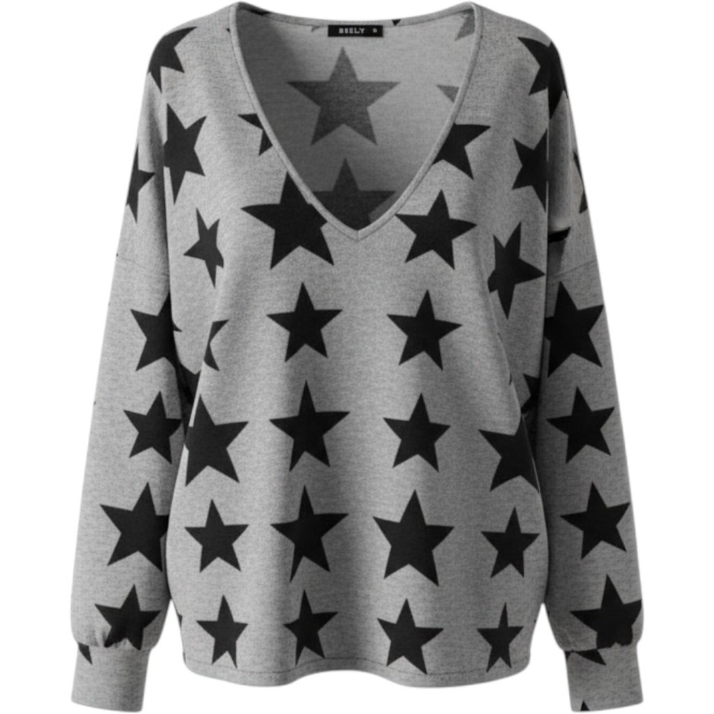SHEIN Women Plus 4XL Grey Black Star Print V-Neck Long Sleeve Top Pullover